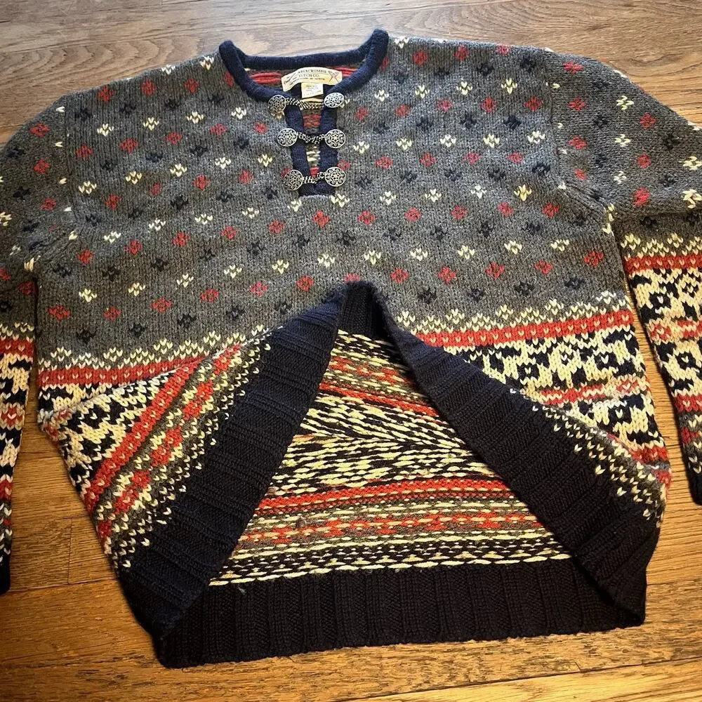 Abercrombie & Fitch Women's Large 100 Wool Nordic Sweater Y2K Fair Isle Vintage